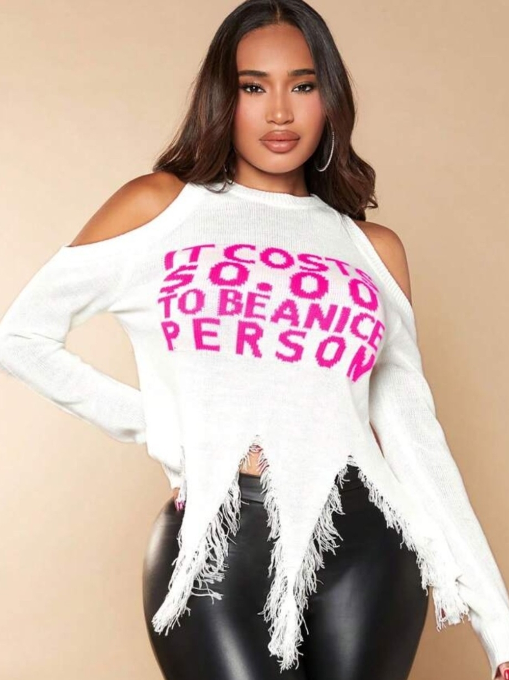 SHEIN White Cold-Shoulder Sweater with Hot Pink Graphic